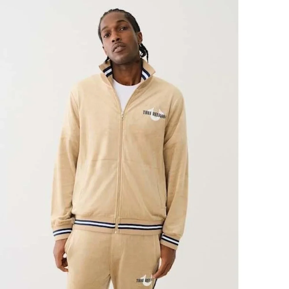 NWT True Religion Men's Velour Logo Track Jacket Travertine Color Small S
